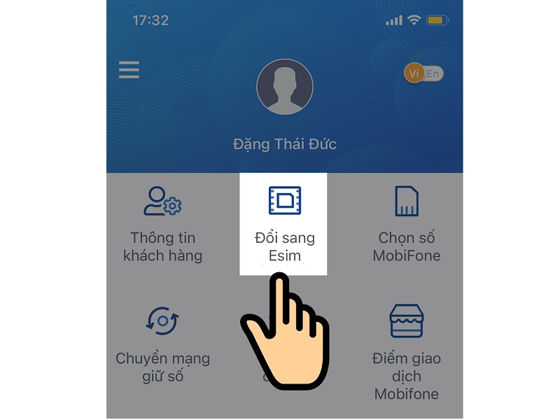 Nhấn chọn Đổi sang Esim tại màn hình giao diện chính của ứng dụng My Mobifone