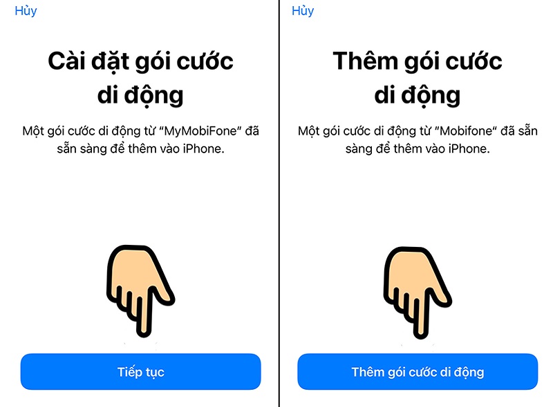 Nhấn chọn Tiếp tục và Thêm gói cước di động khi cửa sổ mới hiển thị