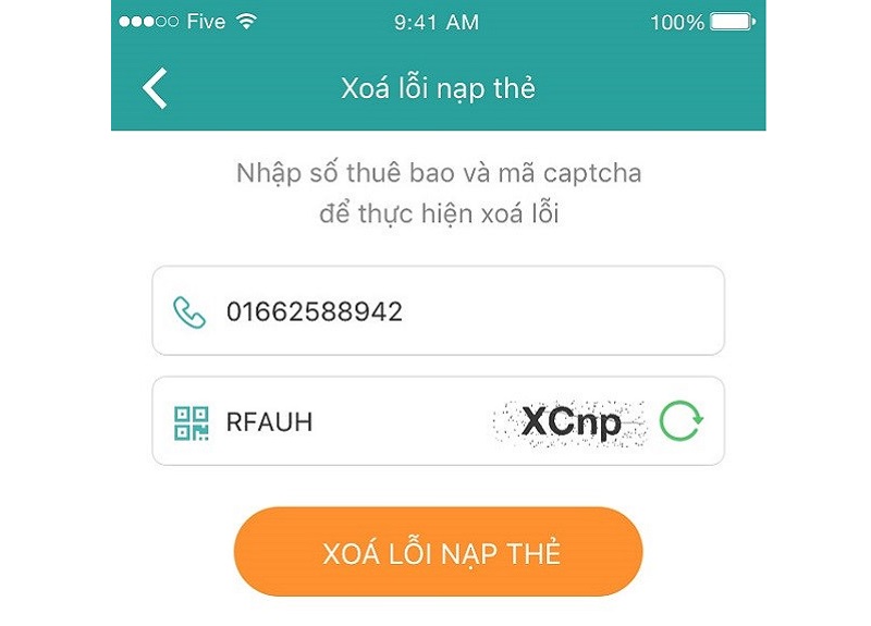 Nhập mã Captcha được hiển thị bên cạnh để thực hiện xóa lỗi nạp thẻ quá 5 lần