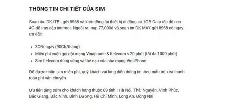 Thông báo đăng ký nhận sim iTelecom 4G thành công