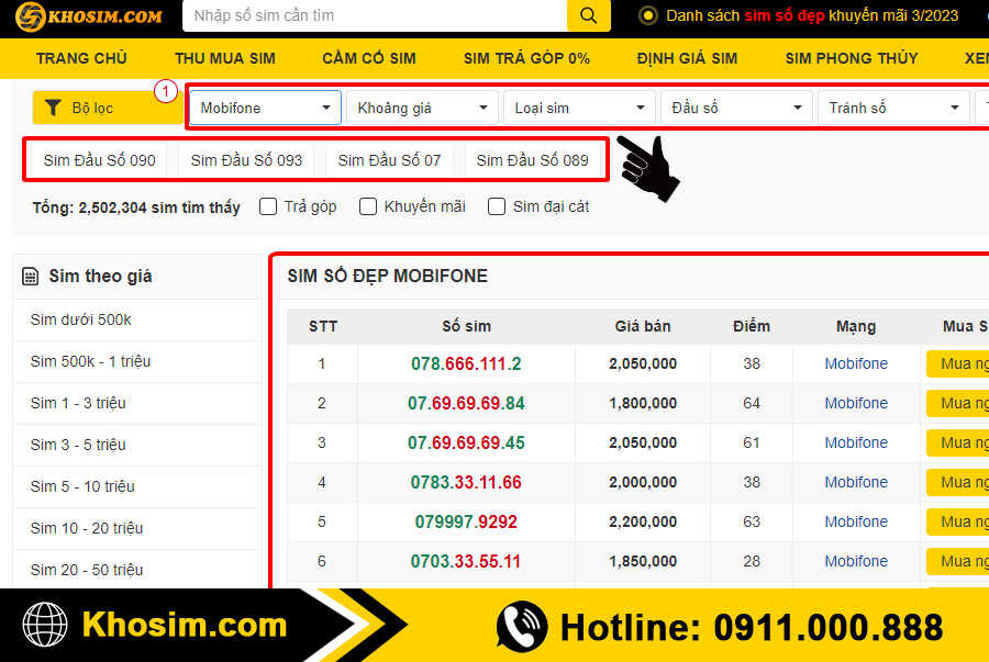 bước 3 lọc sim mobifone theo tiêu chí bạn muốn