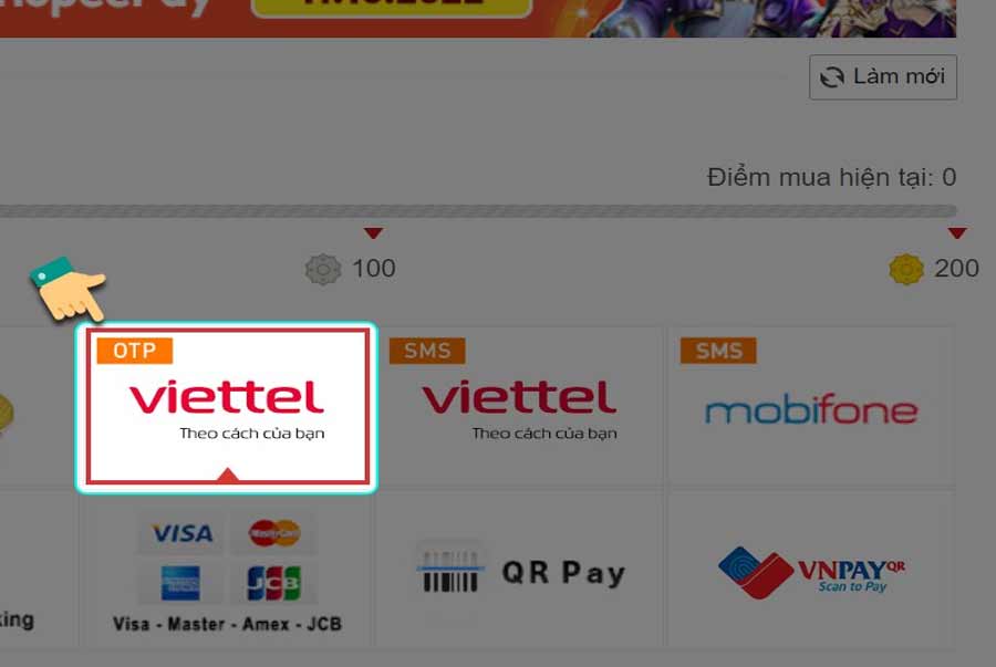 bước 1 chọn mục Viettel otp