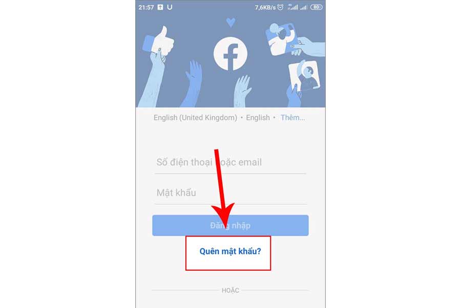 bước 1 mở ứng dụng facebook lên và chọn vao quên mật khẩu