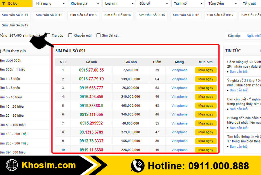 bước 1 vào mục sim đầu 091