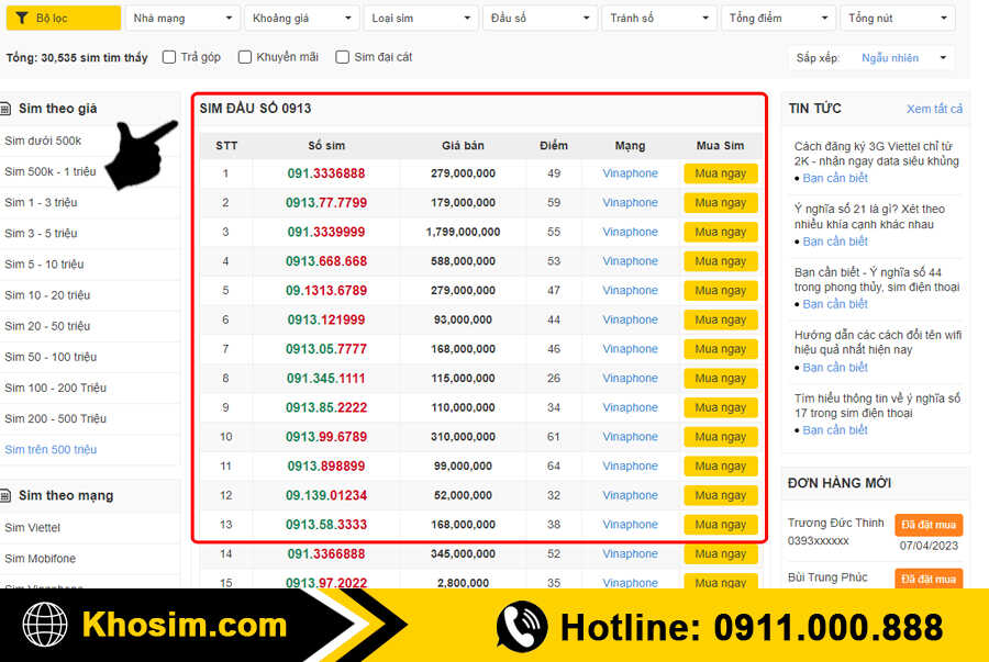 bước 1 vào mục sim đầu 0913
