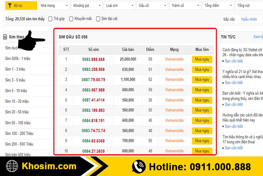 bước 1 vào mục sim đầu số 058