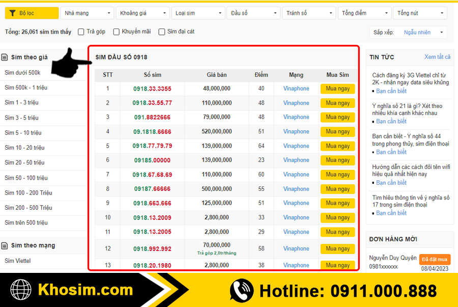 bước 1 vào mục sim đầu 0918