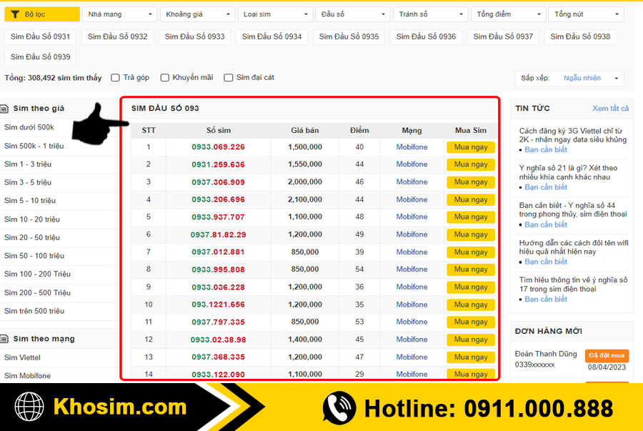 bước 1 vào mục sim đầu 093