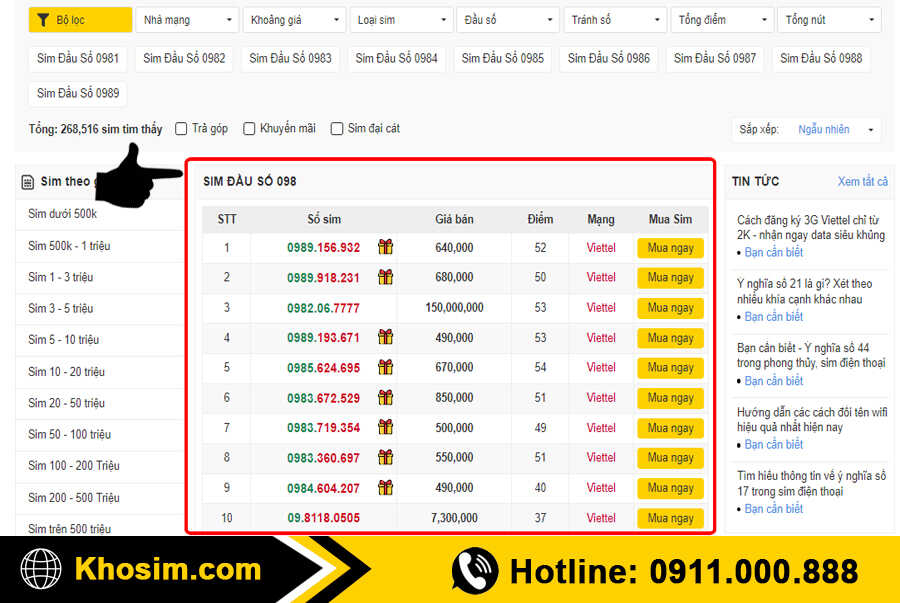 bước 1 vào mục sim đầu 098