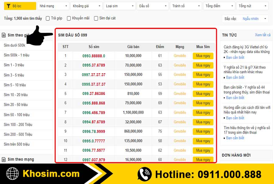 bước 1 vào mục sim đầu 099