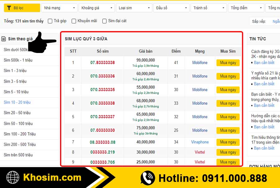 bước 1 vào mục sim lục quý 3 ở giữa