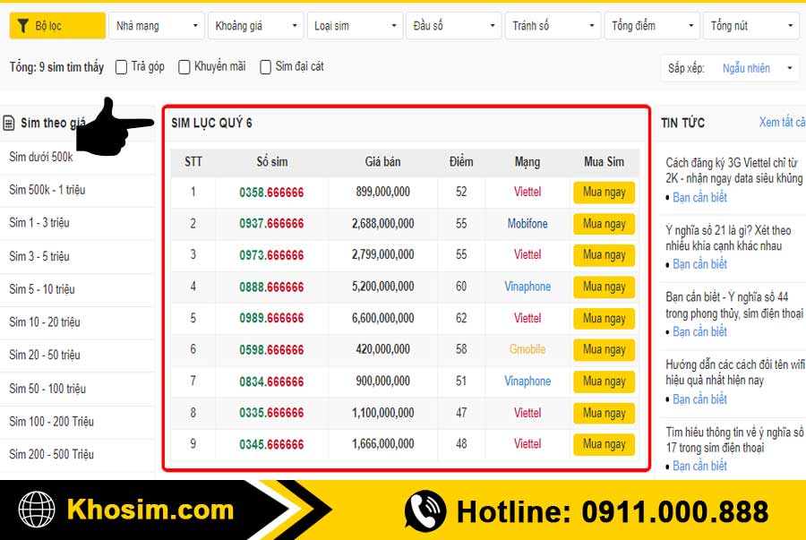 bước 1 vào danh mục sim lục quý 6