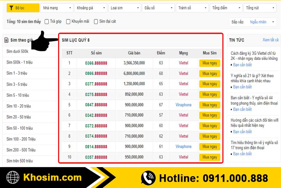 bước 1 vào danh mục sim lục quý 8