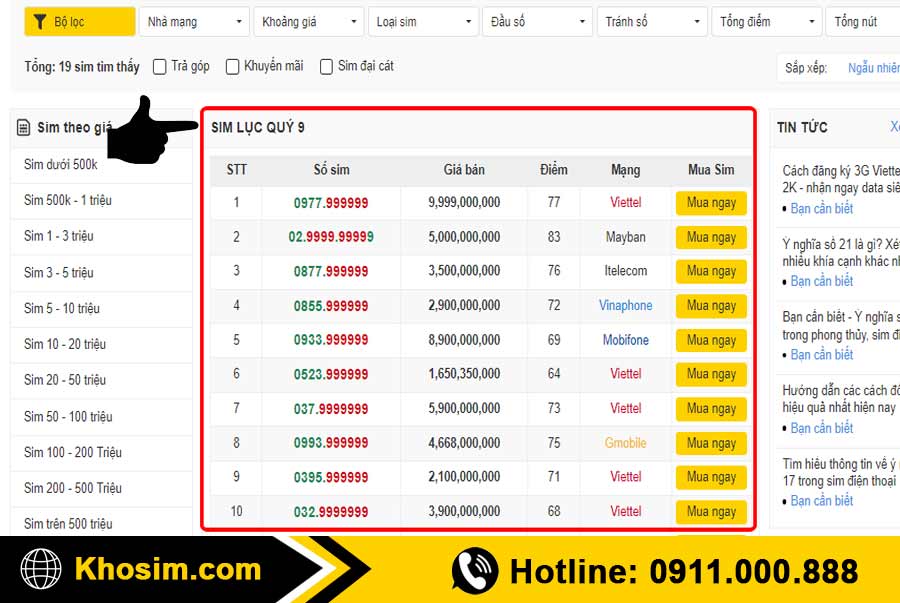 bước 1 vào mục sim lục quý 9
