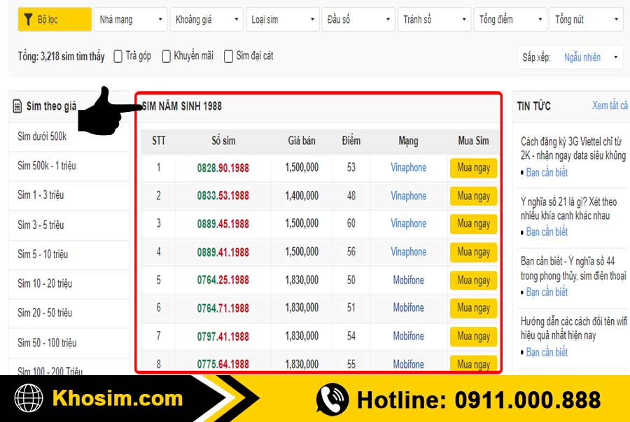 bước 1 vào mục sim năm sinh 1988