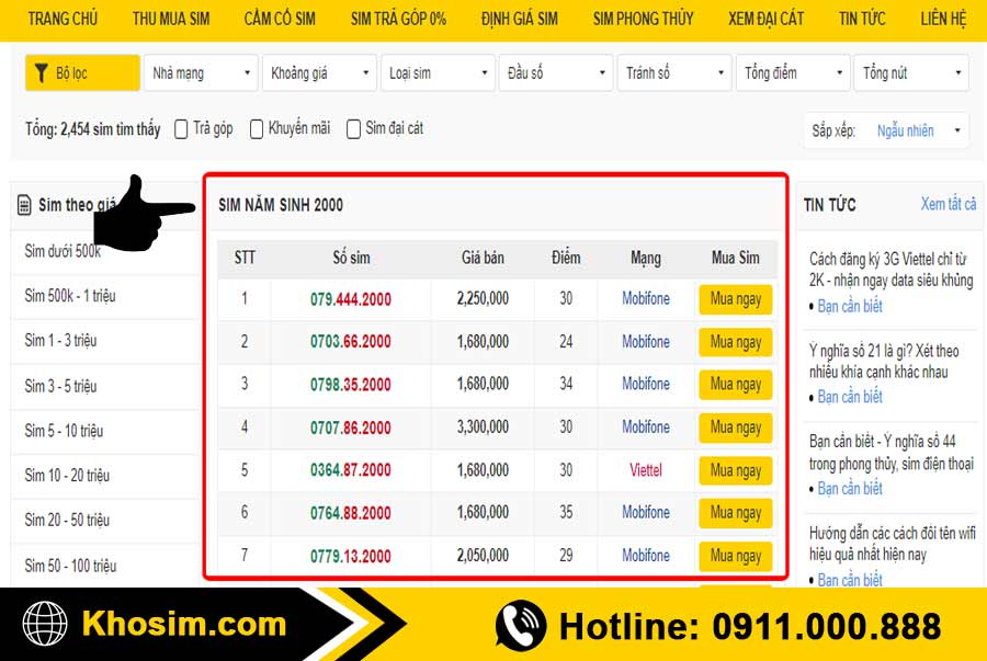 bước 1 vào mục sim năm sinh 2000