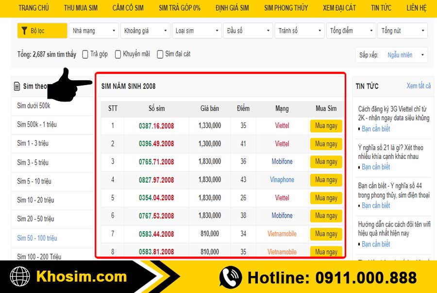 bước 1 vào mục sim năm sinh 2008
