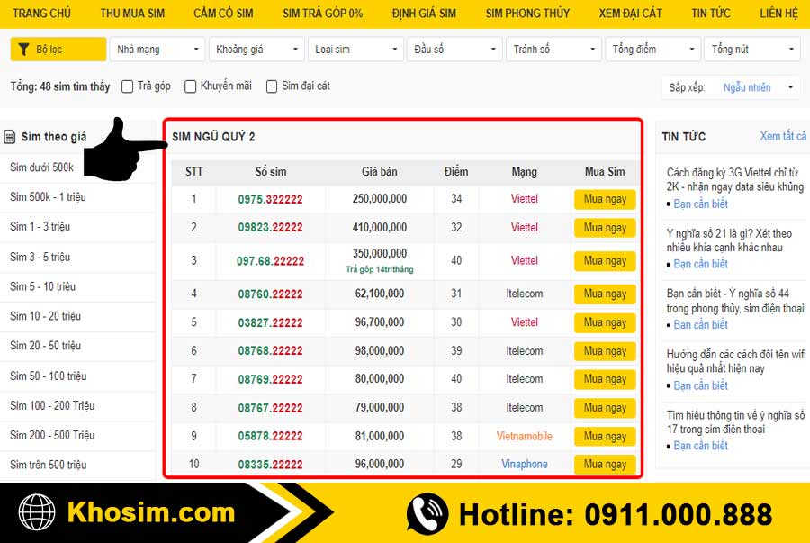 bước 1 vào mục sim ngũ quý 2