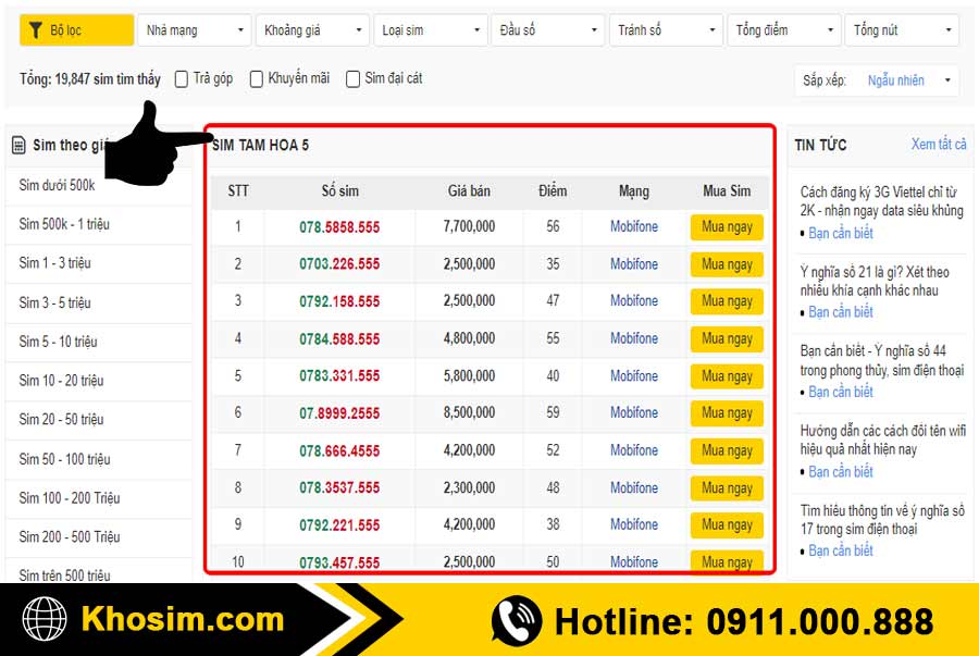 bước 1 vào mục sim tam hoa 555