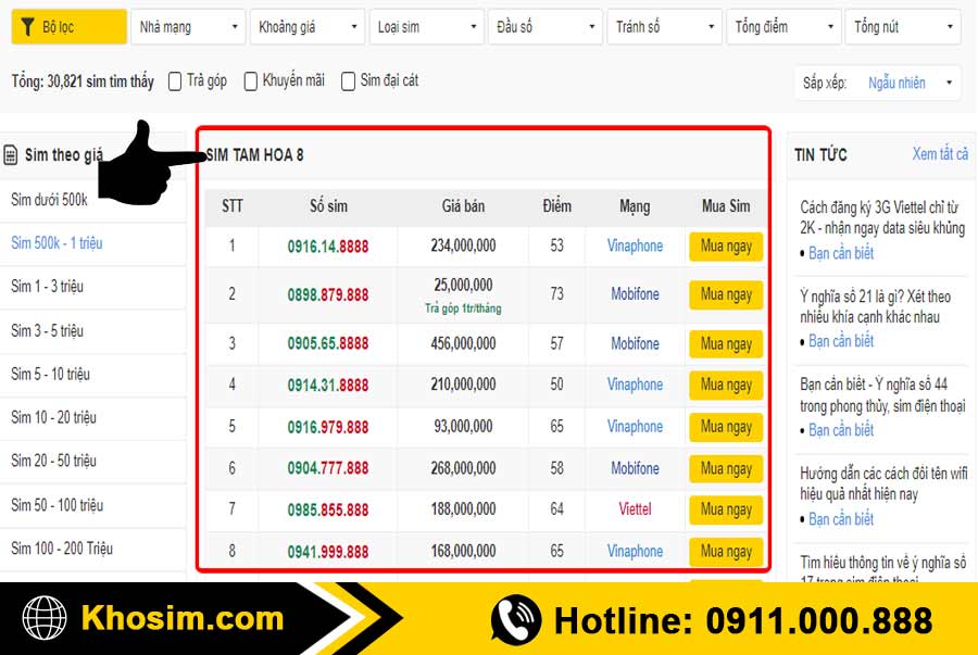 bước 1 vào mục sim tam hoa 888