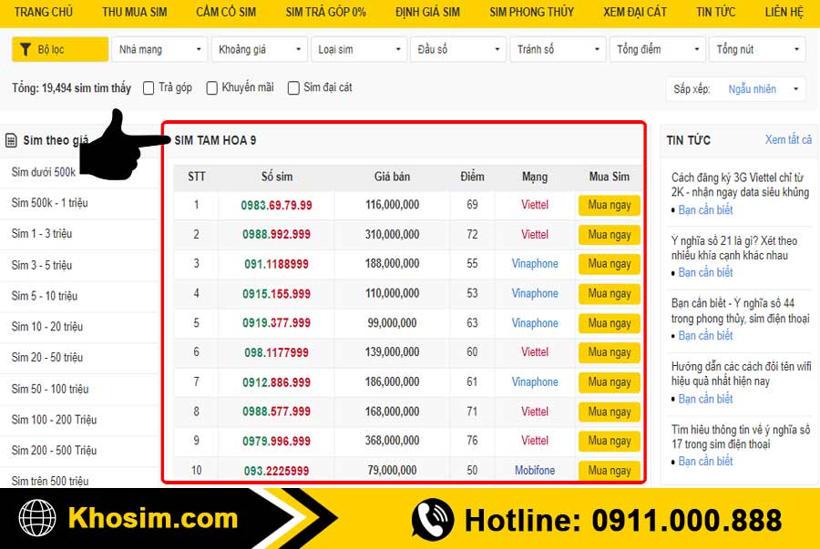 bước 1 vào mục sim tam hoa 999