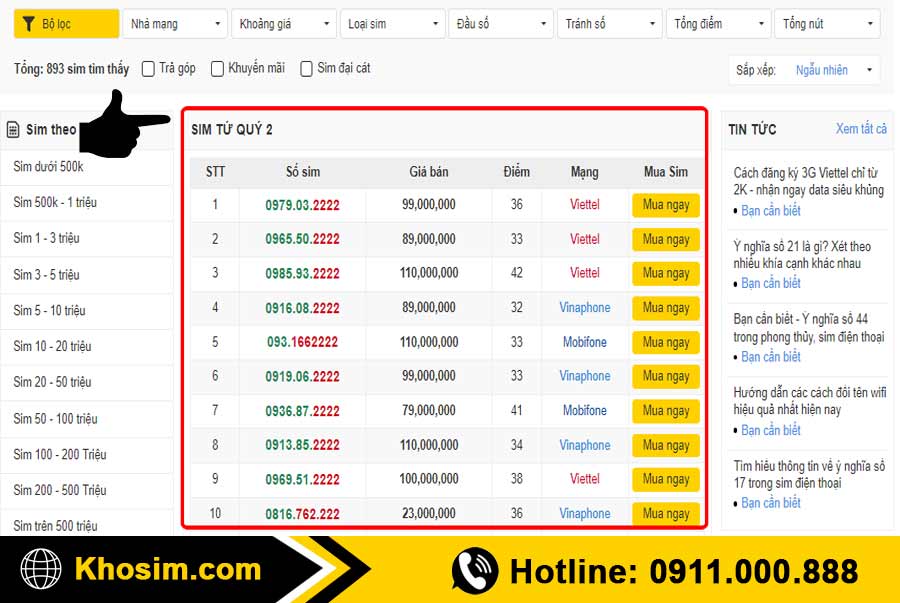 bước 1 vào danh mục sim tứ quý 2