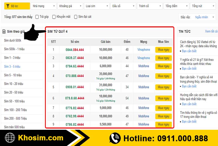 bước 1 vào danh mục sim tứ quý 4