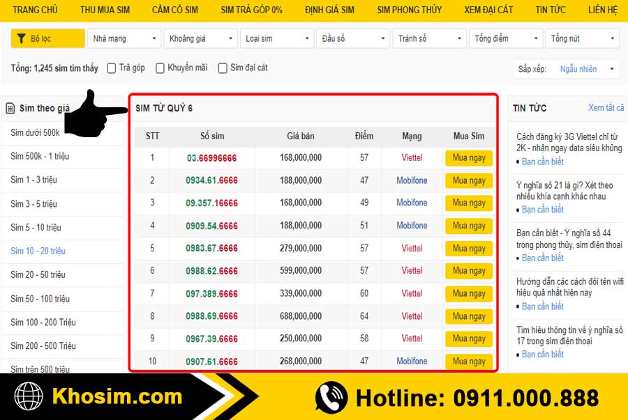 bước 1 vào mục sim tứ quý 6