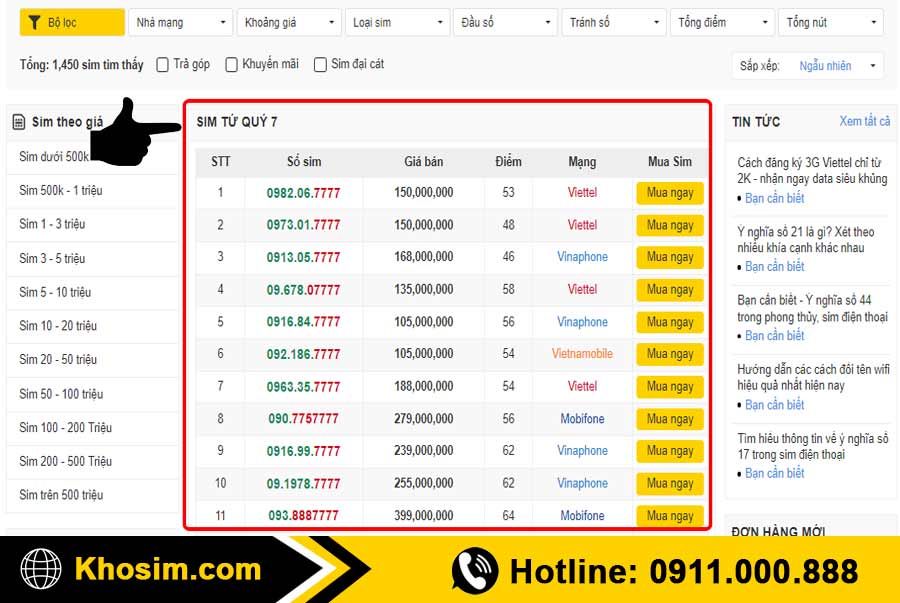 bước 1 vào danh mục sim tứ quý 7