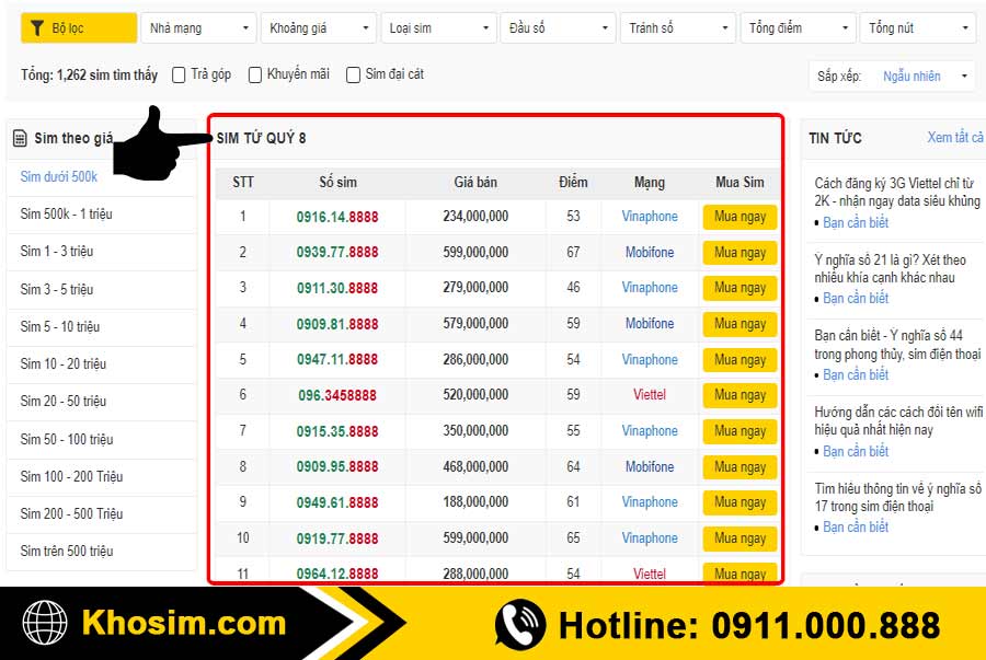 bước 1 vào danh mục sim tứ quý 8