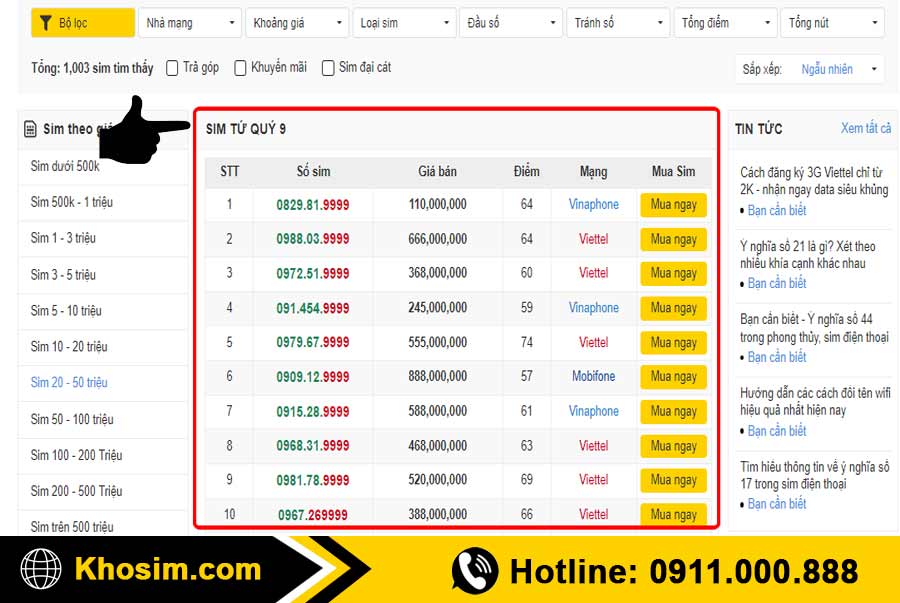 bước 1 vào mục sim tứ quý 9