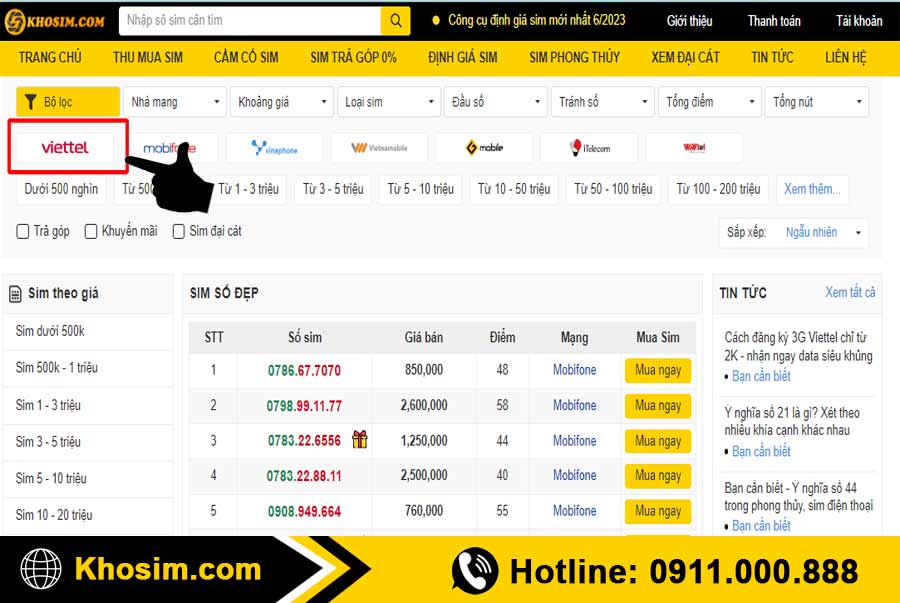 bước 1 vào mục sim Viettel