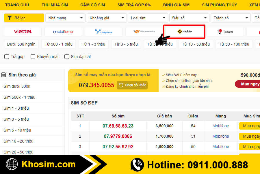 bước 2 chọn danh mục sim gmobile