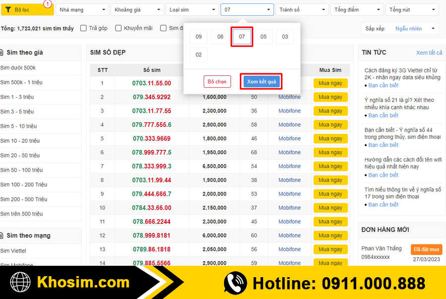 bước 2 vào mục sim đầu số 07