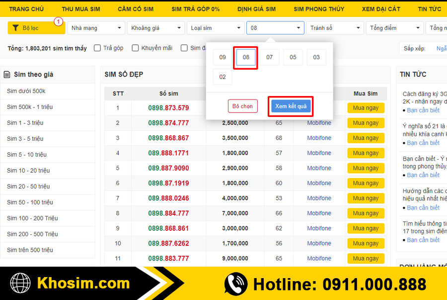 bước 2 vào mục sim đầu 08