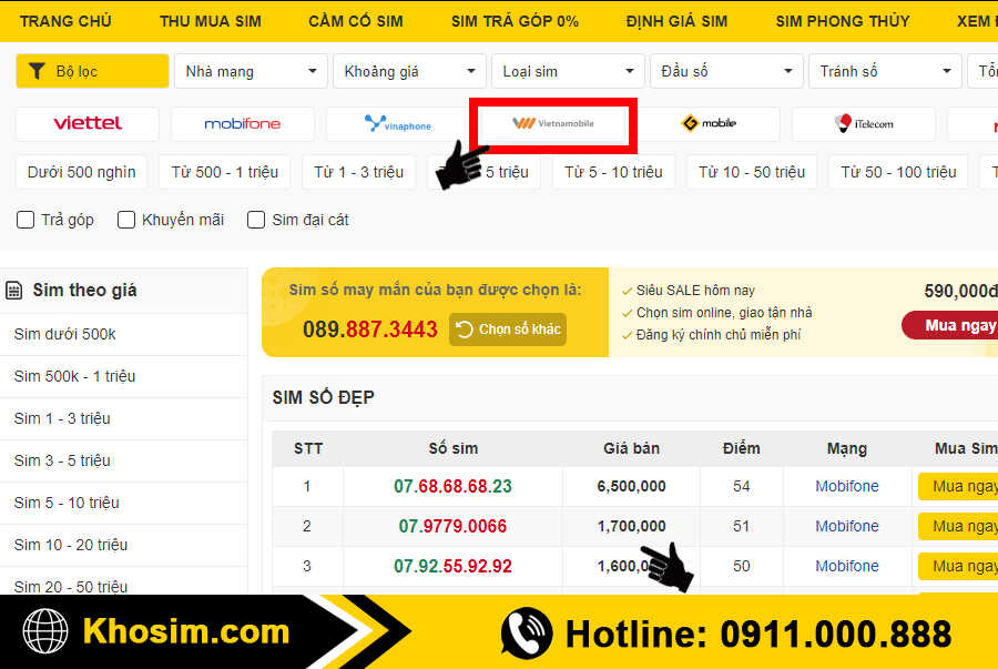 bước 2 chọn danh mục sim Vietnamobile