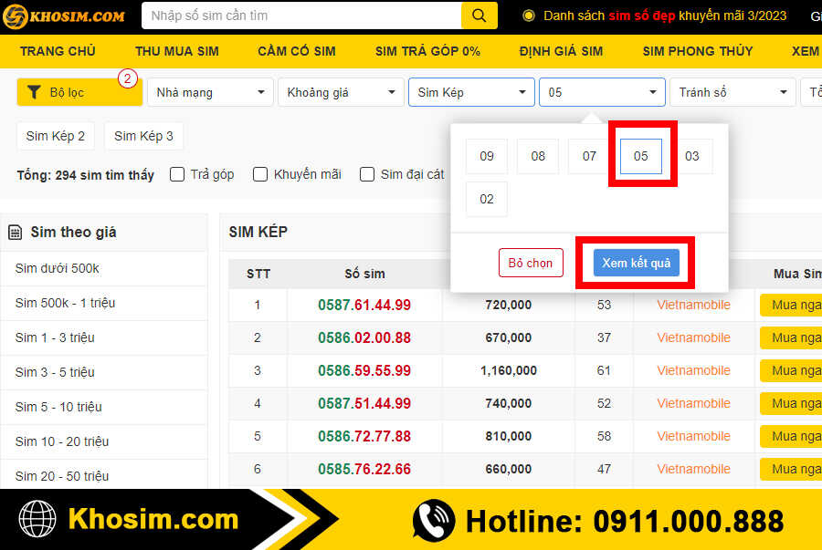 bước 2 vào mục sim đầu số 05