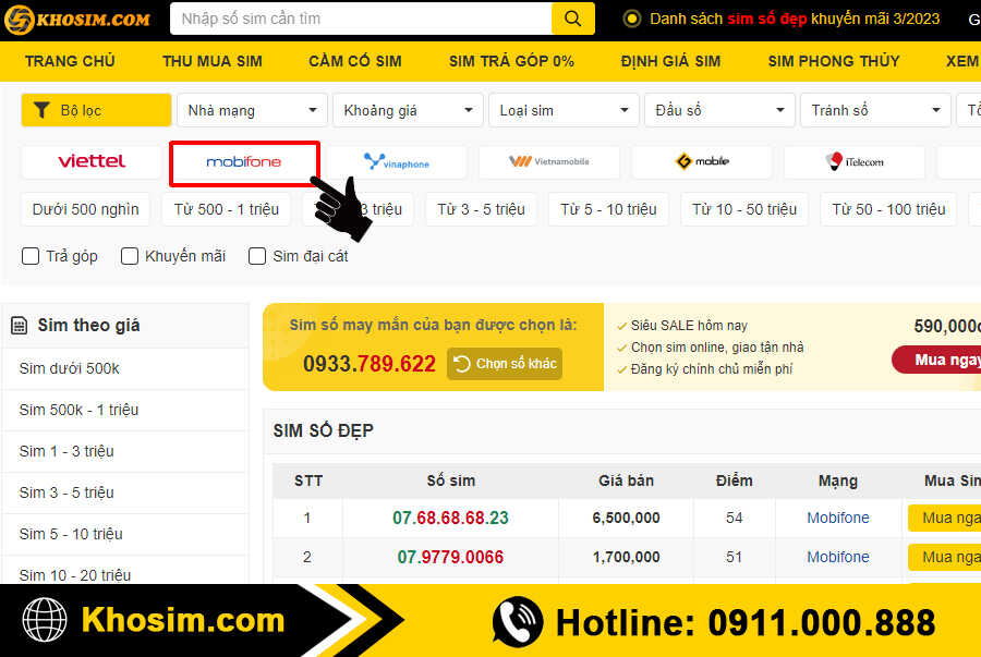 chọn mục sim Mobifone
