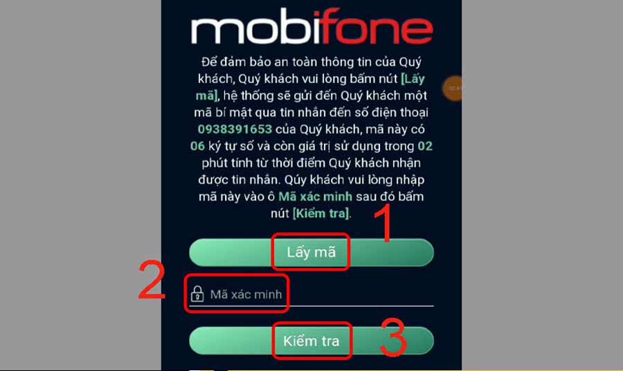 bước 2 lấy mã xác minh