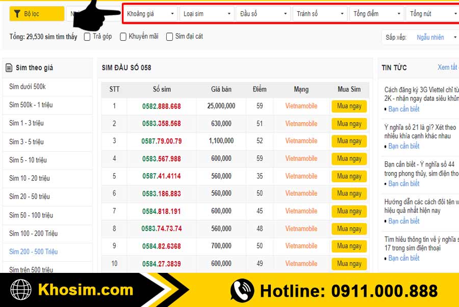 bước 2 lọc sim đầu 058 đúng ý
