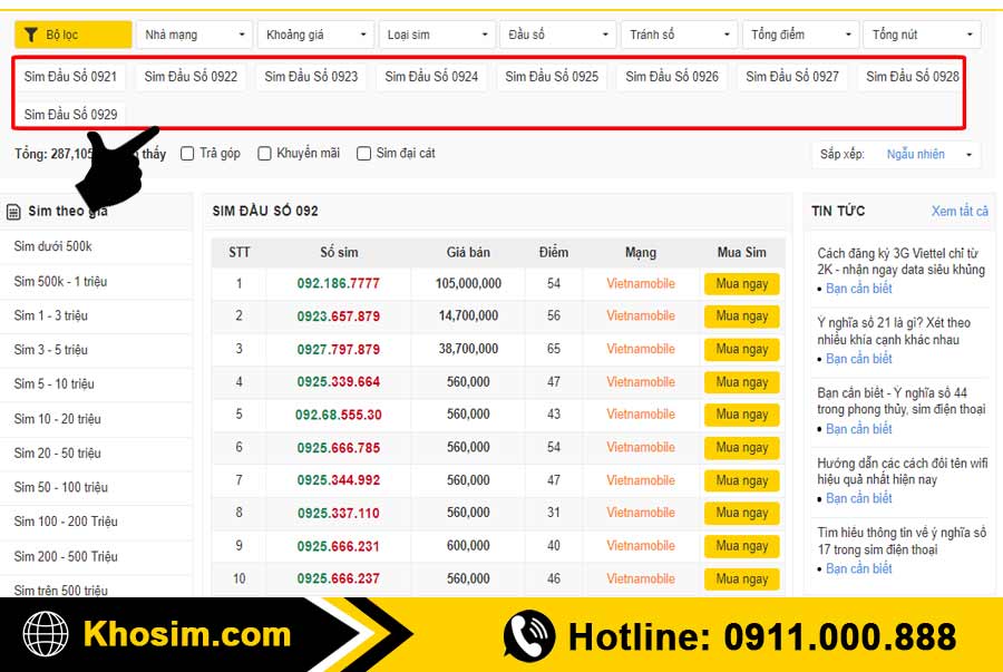 bước 2 chọn lọc sim đầu 092 đúng ý