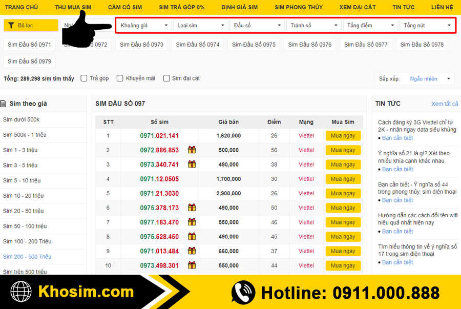 Bước 2 lọc sim đầu 097 đúng ý