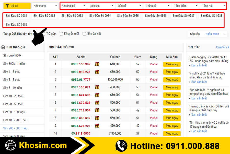 bước 2 lọc sim đầu 098