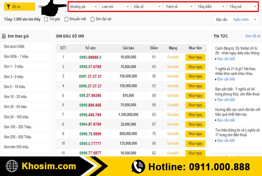 bước 2 lọc sim đầu 099