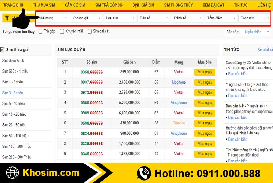 bước 2 lọc sim lục quý 6 đúng ý để mua