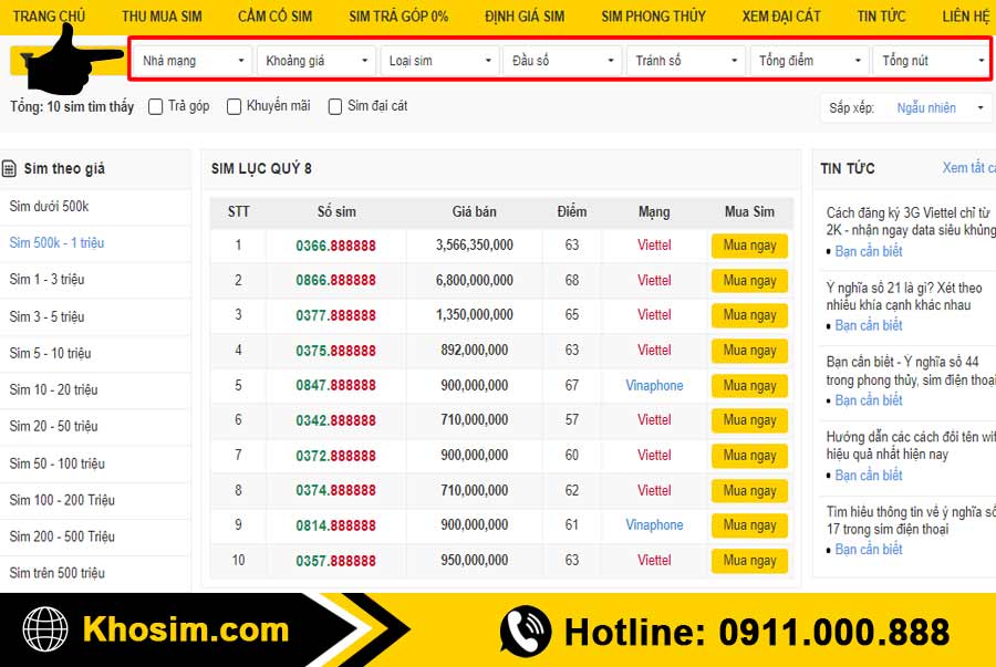 bước 2 lọc sim lục quý 8 theo ý muốn