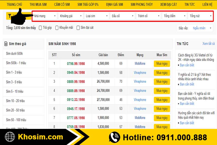 bước 2 lọc sim năm sinh 1998 đúng ý