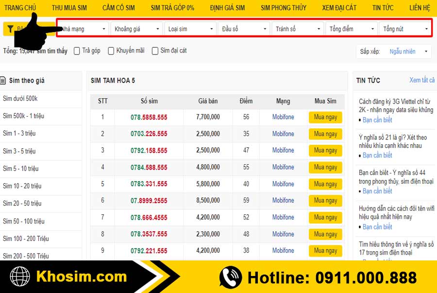 bước 2 lọc sim tam hoa 555 đúng ý