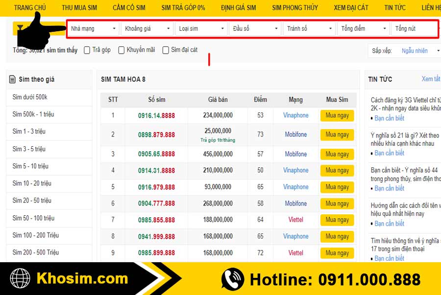 bước 2 lọc sim tam hoa 888 đúng ý