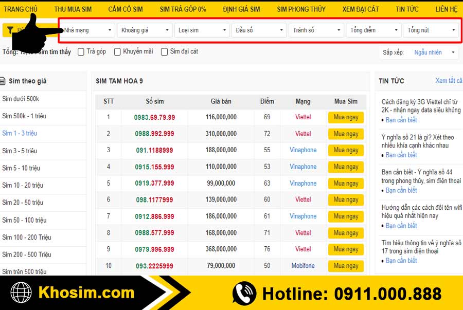 bước 2 lọc sim tam hoa 999 đúng ý